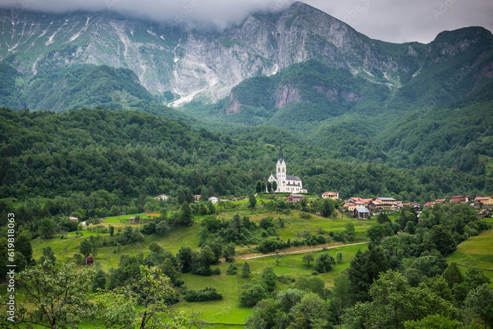 Drežnica village near Kobarid, under Mount Krn Slovenia. Picturesque rural green landscape