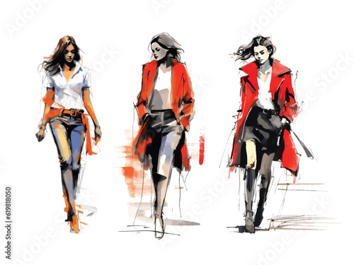 Set of vector illustrations: fashionably dressed women are walking. Fashion sketch made with watercolors and markers, expressive line.