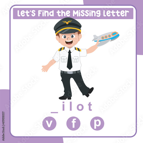 Find the missing letter pilot worksheet for kids learning professions in English. Educational alphabetic game. Printable worksheet for preschool.  Spelling and writing practise page for children. 