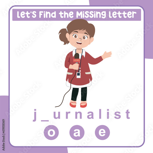 Find the missing letter journalist worksheet for kids learning professions in English. Educational alphabetic game. Printable worksheet for preschool.  Spelling and writing practise page for children.
