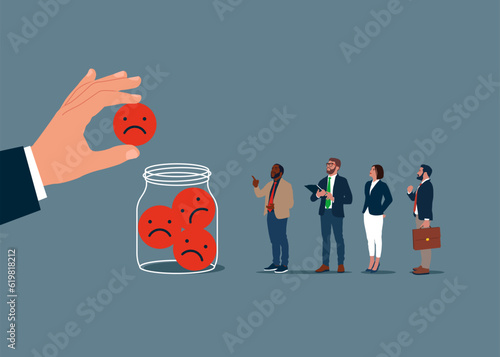 Business people collect negative emoticons into Glass Jar. Bad review with phone, negative reviews, bad reputation, low ratings. Vector illustration