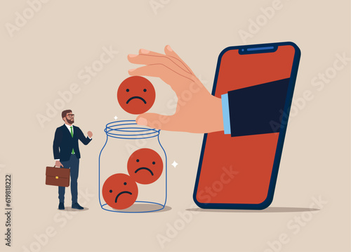 Businessman collect negative emoticons into Glass Jar. Bad review with phone, negative reviews, bad reputation, low ratings.