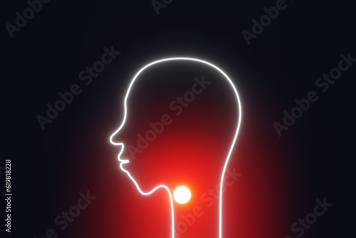 Sore throat concept. Human head silhouette red glowing acute nasopharynx pain 3d rendering. Tonsillitis illness Patient with painful swallowing, malaise, inflammation, fever virus symptoms Health care photo