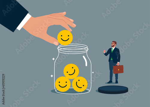 Business people collect funny and positive emoticons into Glass Jar. Flat vector illustration 
