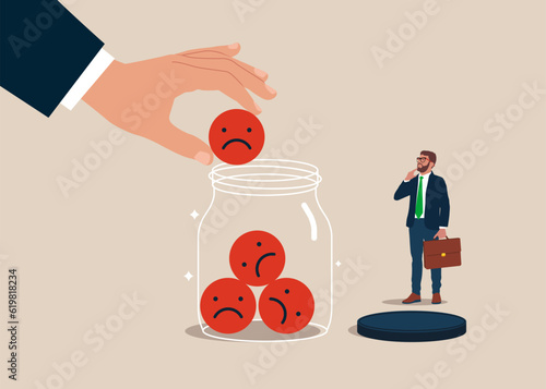 Entrepreneur collect negative emoticons into Glass Jar. Bad review with phone, negative reviews, bad reputation. Vector illustration