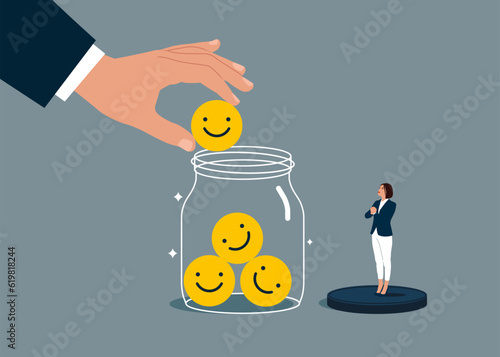 Businessman and woman  collect funny and positive emoticons into Glass Jar. Work motivation. Employee happiness, job satisfaction, company benefit, positive attitude. Vector illustration 