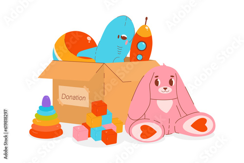 Set vector color illustration of toys in a donation box. Donations for children. Plush rabbit, plush shark, pyramid, ball, rocket, cubes. Minimalistic style.