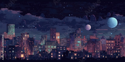 Pixel illustration of night modern city with moon.