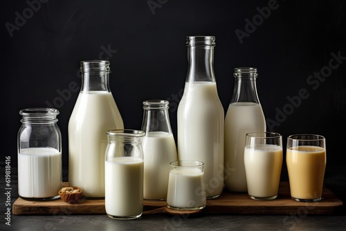 Organic milk drinks in different bottles on the table.