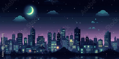 Pixel illustration of a modern night city with skyscrapers and residential buildings.