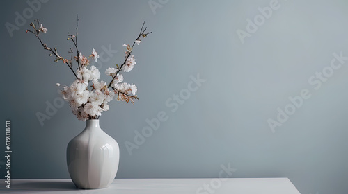 Vase and flower blossom. Minimalist empty wall background. Blank wall with space for text.