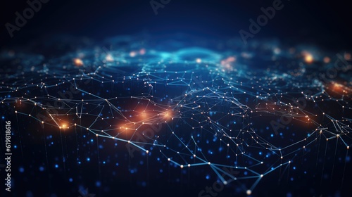 Abstract technology background of a quantum computing system with a cyber network grid and connected particles. Artificial neurons, global data connections - Generative AI