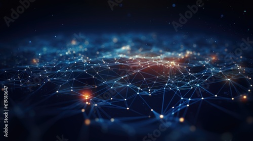 Abstract technology background of a quantum computing system with a cyber network grid and connected particles. Artificial neurons, global data connections - Generative AI