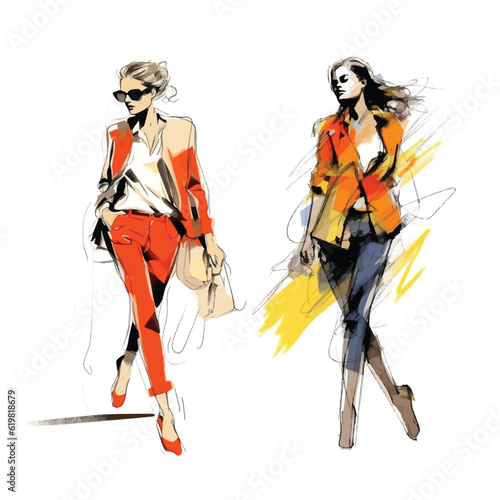 Set of vector illustrations: fashionably dressed women are walking. Fashion sketch made with watercolors and markers, expressive line.