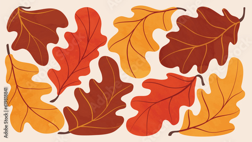 Abstract art autumn background vector. Botanic fall season hand drawn pattern design with oak leaves. Simple contemporary style illustrated Design for fabric, print, cover, banner, wallpaper.