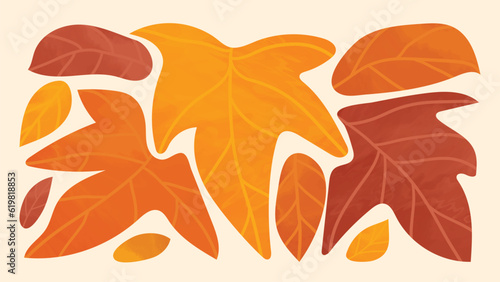 Abstract art autumn background vector. Botanic fall season hand drawn pattern design with maple leaves. Simple contemporary style illustrated Design for fabric, print, cover, banner, wallpaper.
