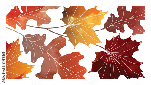 Abstract art autumn background vector. Botanic fall season hand drawn pattern design with maple, oak leaves. Simple contemporary style illustrated Design for fabric, print, cover, banner, wallpaper.