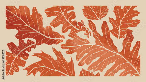 Abstract art autumn background vector. Botanic fall season hand drawn pattern design with oak leaves. Simple contemporary style illustrated Design for fabric, print, cover, banner, wallpaper.