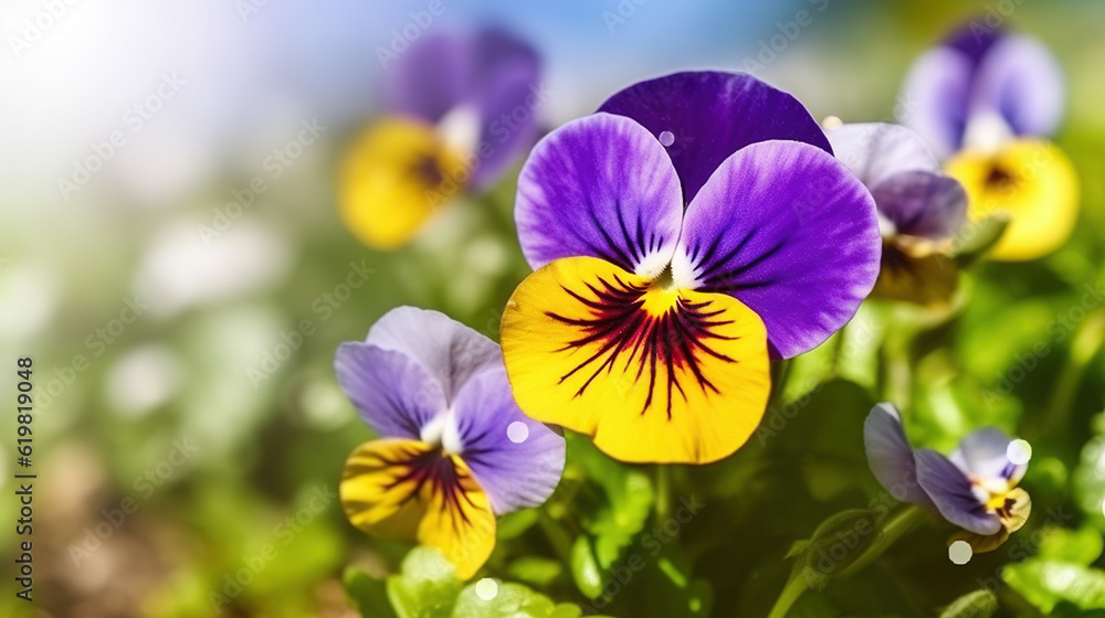 Closeup on pansy flower at sunny day, Generative AI Closeup on pansy flower at sunny day, Generative AI