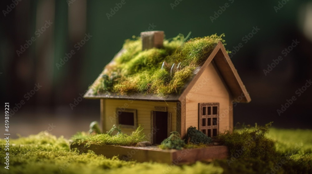 A small house with a green roof in the grass, Generative AI A small house with a green roof in the grass, Generative AI