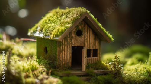 A small house with a green roof in the grass, Generative AI