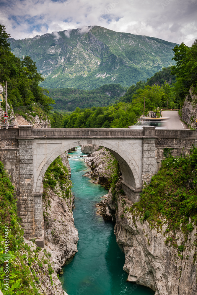 Napoleon Bridge near Kobarid over Soca river in Soca Valley, Slovenia