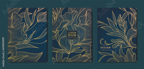 Vector japanese leaves art deco patterns. Floral golden elements template in vintage style. Luxury black line covers, flyers, brochures, packaging design, social media post, banners.