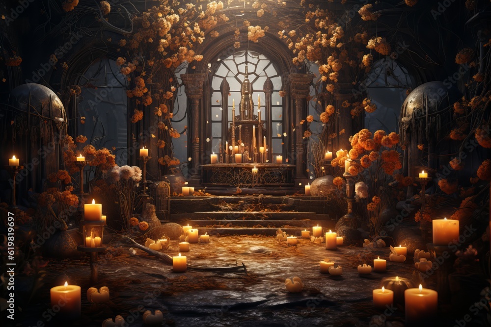 An altar decorated with flowers and candles to honor departed loved ones on Halloween illustration Generative AI