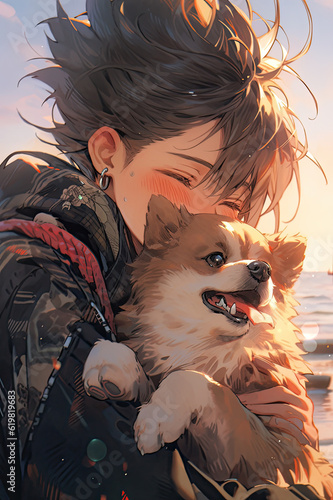 A boy kisses and hugs a dog on the seashore, anime illustration