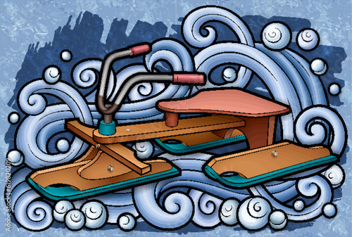Cartoon cute doodle hand drawn sled illustration.