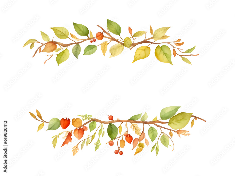 Watercolor banner of autumn leaves and branches on transparent background,generative ai Watercolor banner of autumn leaves and branches on transparent background,generative ai