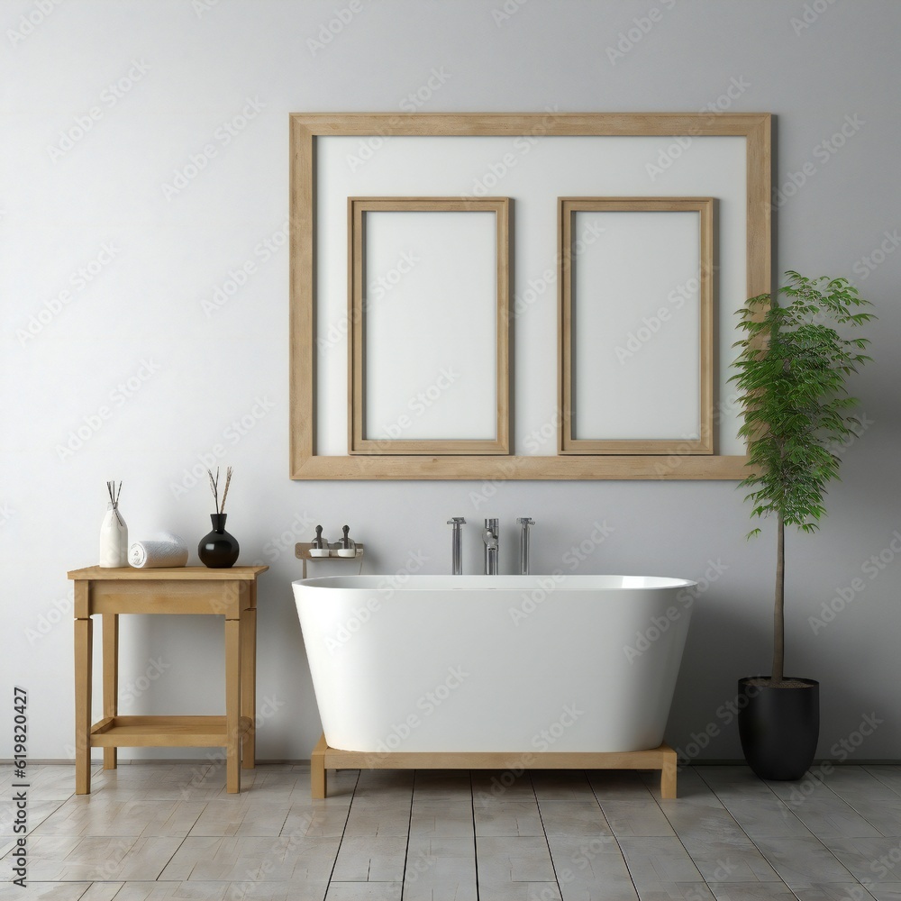 Fototapeta premium Blank white photo art frame mock up design showcase in modern bathroom Generative AI