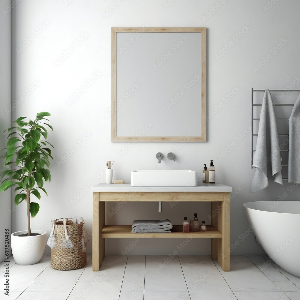 Blank white photo art frame mock up design showcase in modern bathroom Generative AI Blank white photo art frame mock up design showcase in modern bathroom Generative AI