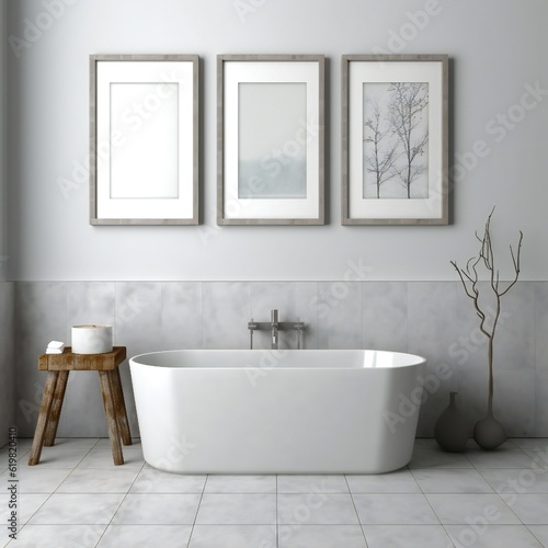 Blank white photo art frame mock up design showcase in modern bathroom Generative AI 