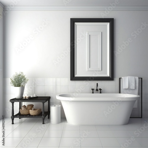 Blank white photo art frame mock up design showcase in modern bathroom Generative AI 