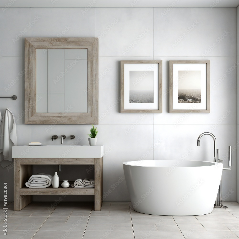 Fototapeta premium Blank white photo art frame mock up design showcase in modern bathroom Generative AI 