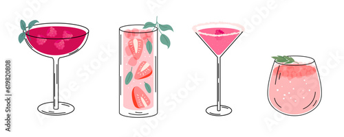 Set of summer cocktails. Glass of cocktail with raspberry and strawberries. Pink alcoholic and nonalcoholic drinks with berries and mint. Cocktail for menu, bar. Vector illustration