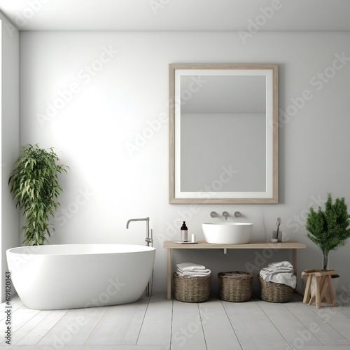 Blank white photo art frame mock up design showcase in modern bathroom Generative AI 