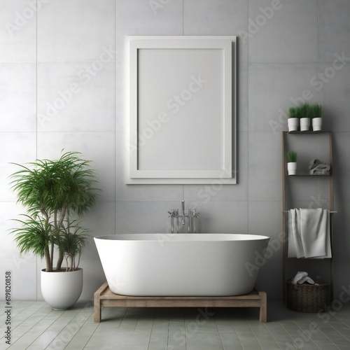 Blank white photo art frame mock up design showcase in modern bathroom Generative AI 