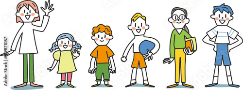 1年生から6年生の元気な小学生　セット　イラスト素材
