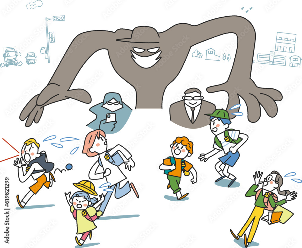 Naklejka premium 不審者に襲われる散りちりに逃げる小学生 イラスト素材 