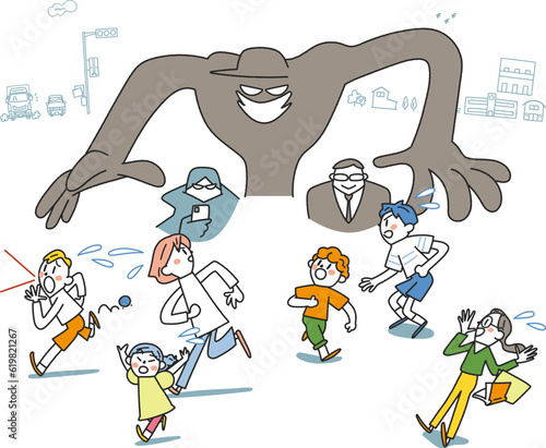 不審者に襲われる散りちりに逃げる小学生　イラスト素材
