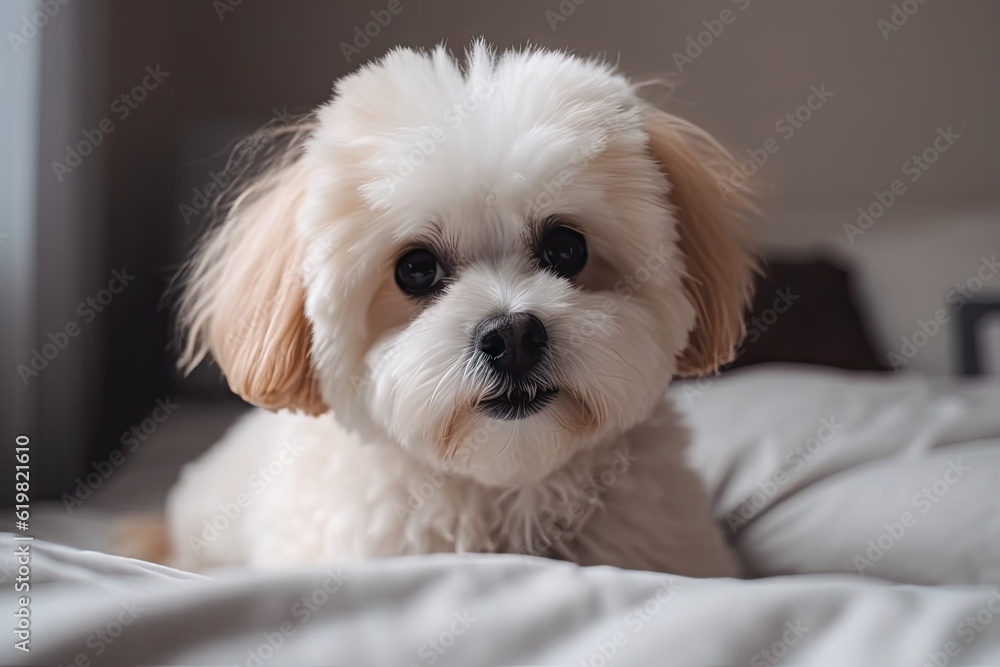 Adorable Dog Relaxing on Bed in Cozy Bedroom with Copy Space. Pet and Home Interior Concept Adorable Dog Relaxing on Bed in Cozy Bedroom with Copy Space. Pet and Home Interior Concept
