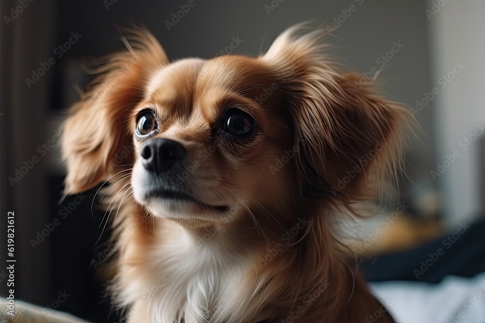 Adorable Dog Relaxing on Bed in Cozy Bedroom with Copy Space. Pet and Home Interior Concept Adorable Dog Relaxing on Bed in Cozy Bedroom with Copy Space. Pet and Home Interior Concept