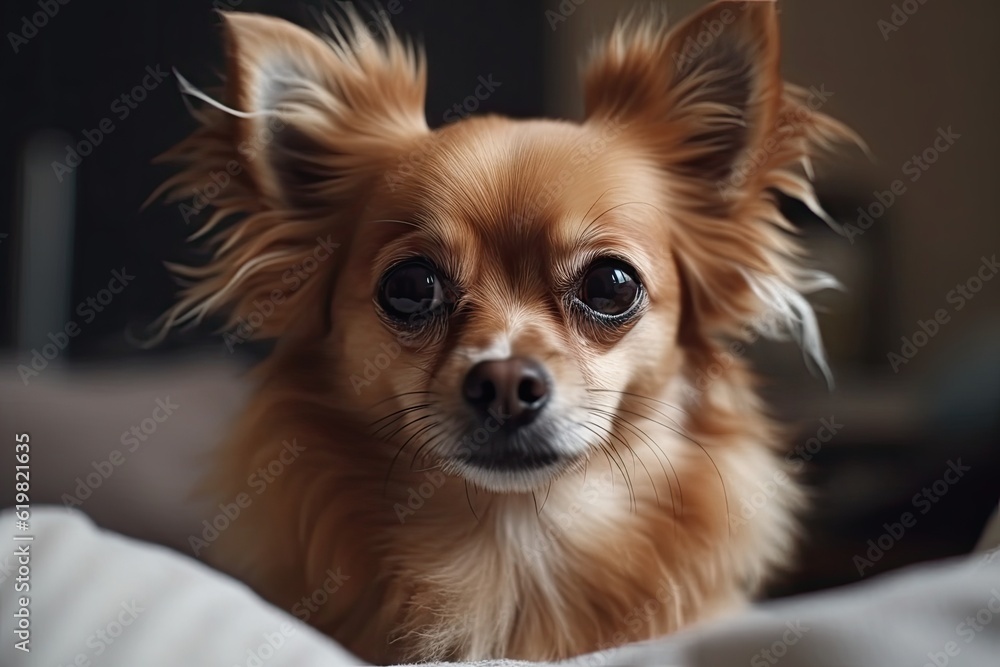 Adorable Dog Relaxing on Bed in Cozy Bedroom with Copy Space. Pet and Home Interior Concept Adorable Dog Relaxing on Bed in Cozy Bedroom with Copy Space. Pet and Home Interior Concept