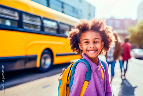 Black girl with afro hair about to catch the school bus to go to school