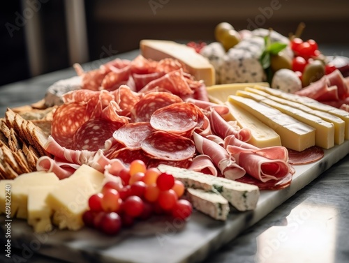 Fototapeta Affettati Misti with thinly sliced prosciutto, salami, and assorted cheeses on a