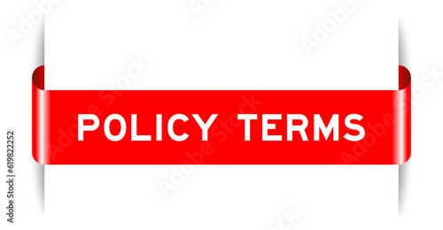 Red color inserted label banner with word policy terms on white background