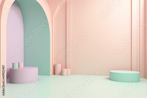 Stand podium wall scene pastel color background  geometric shape for product display presentation.
