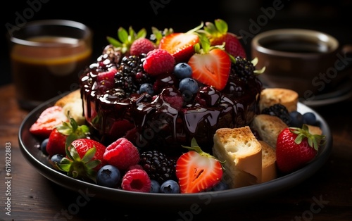 Chocolate fondue with fruits. Generative AI
